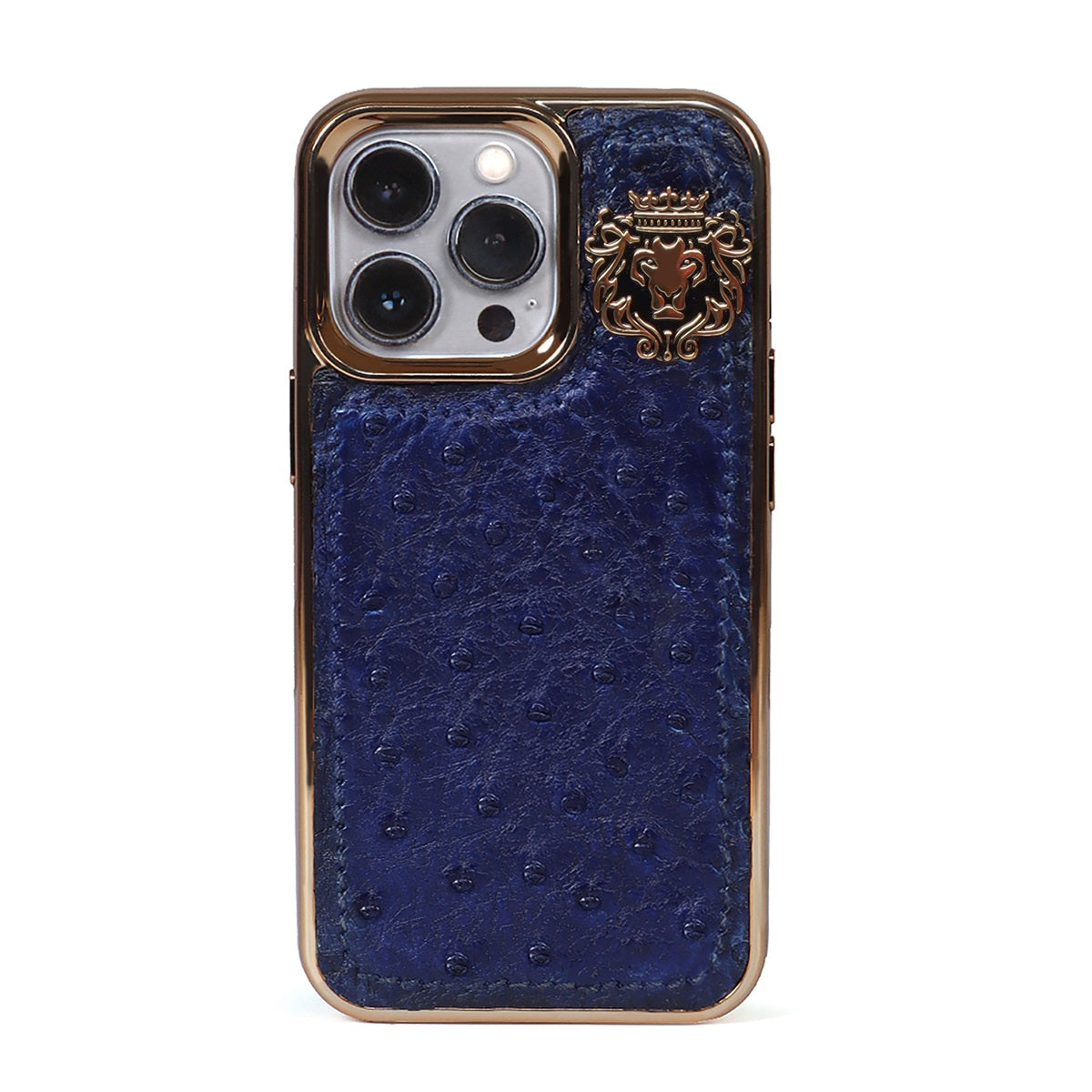 Golden Rim Mobile Cover in Blue Real Ostrich Leather