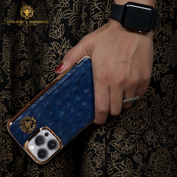 Golden Rim Mobile Cover in Blue Real Ostrich Leather