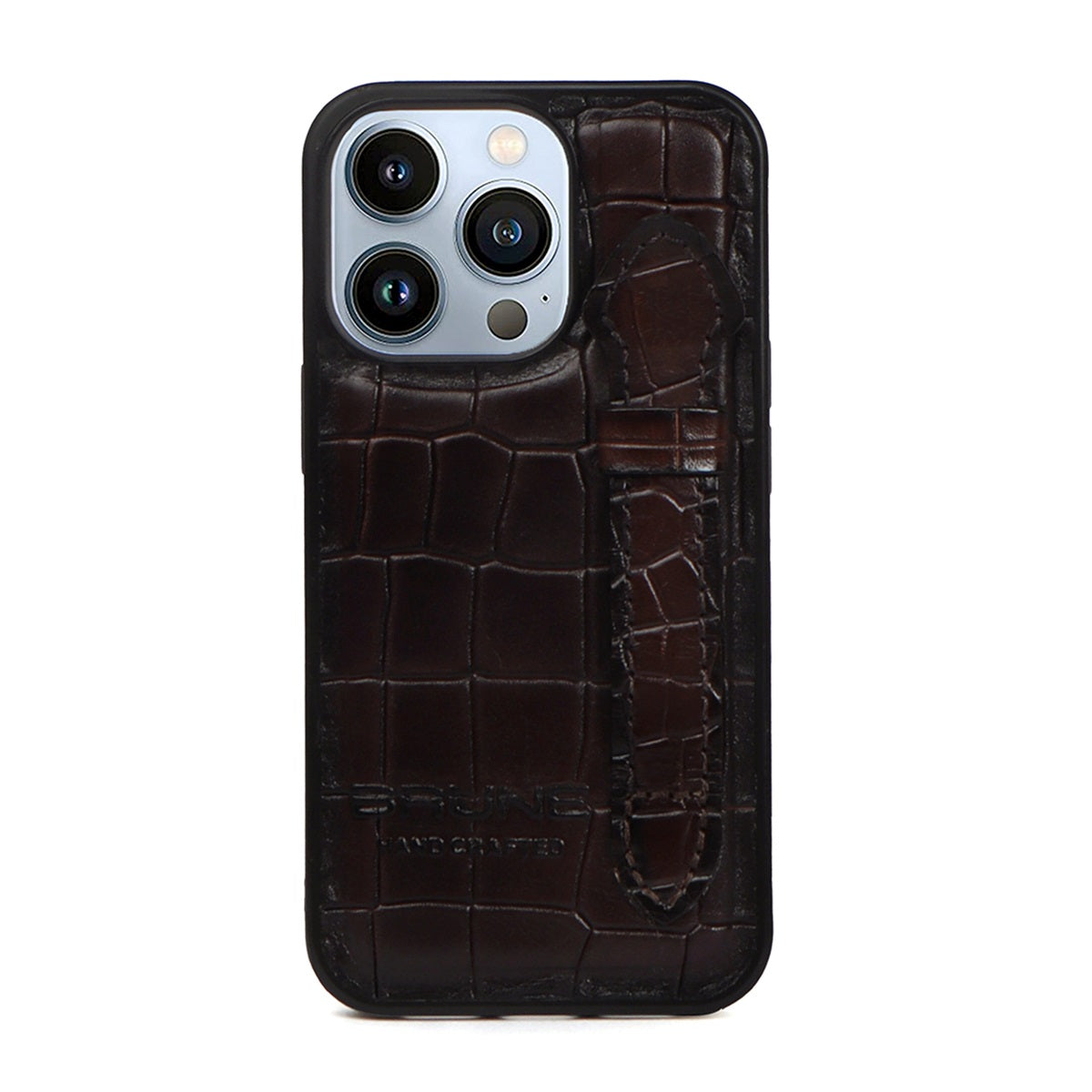 Mobile Cover With Holding Finger strap Loop In Dark Brown Croco Print Leather by Brune & Bareskin