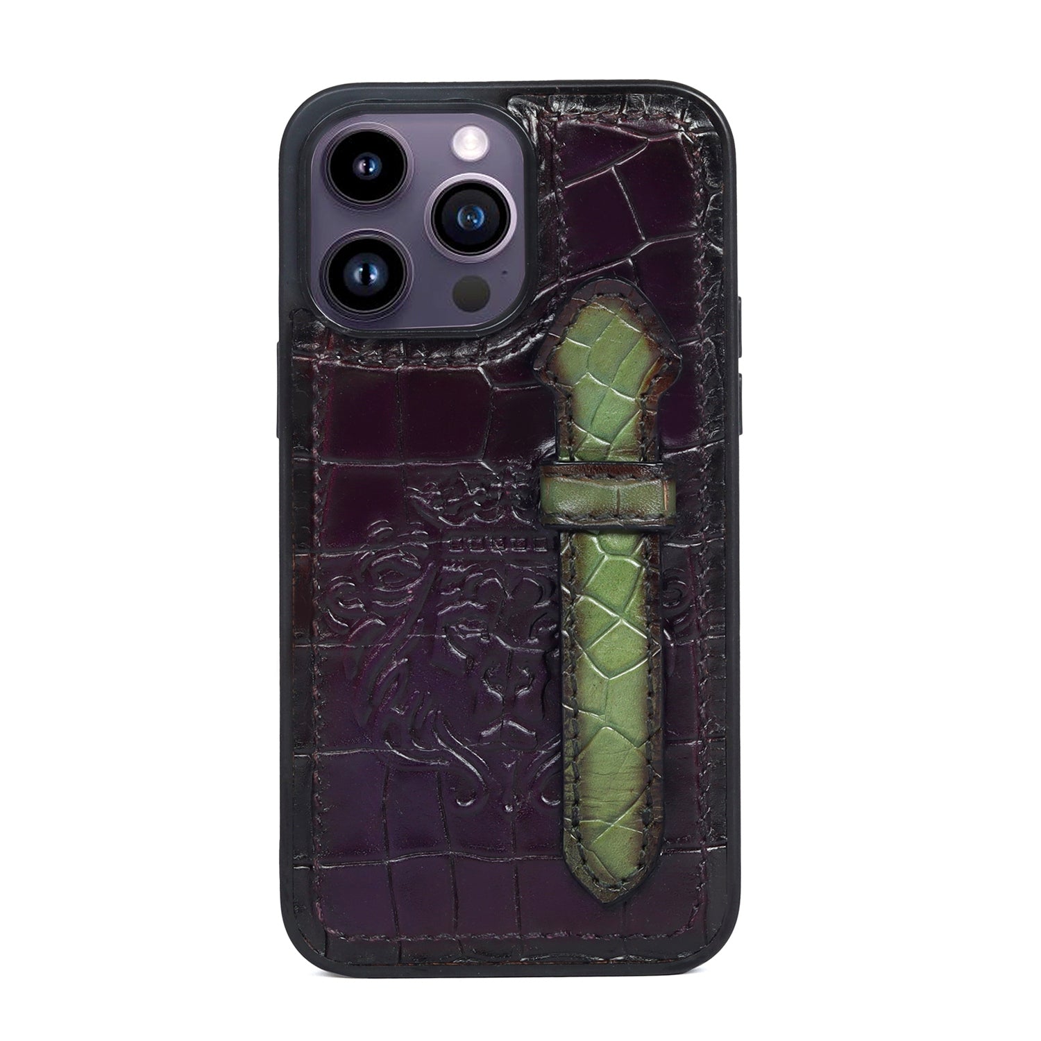 Purple Leather Mobile Cover in Deep Cut With Green Holding Finger strap By Brune & Bareskin
