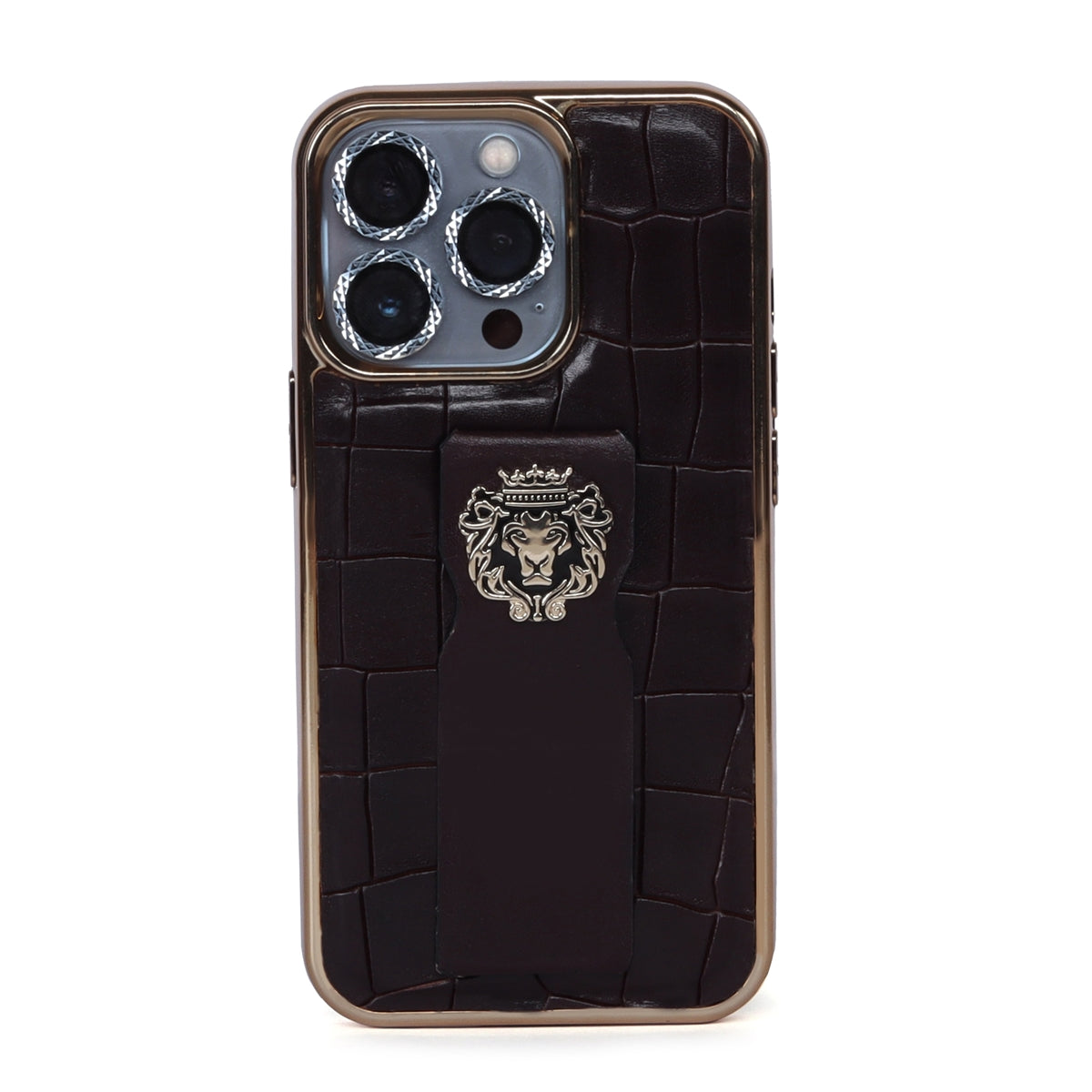 iPhone Series Dark Brown Mobile Cover Golden Rim Finger strap cum Stand Croco Textured Leather with Metal Lion Logo