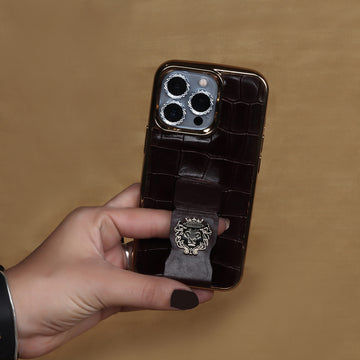 iPhone Series Dark Brown Mobile Cover Golden Rim Finger strap cum Stand Croco Textured Leather with Metal Lion Logo