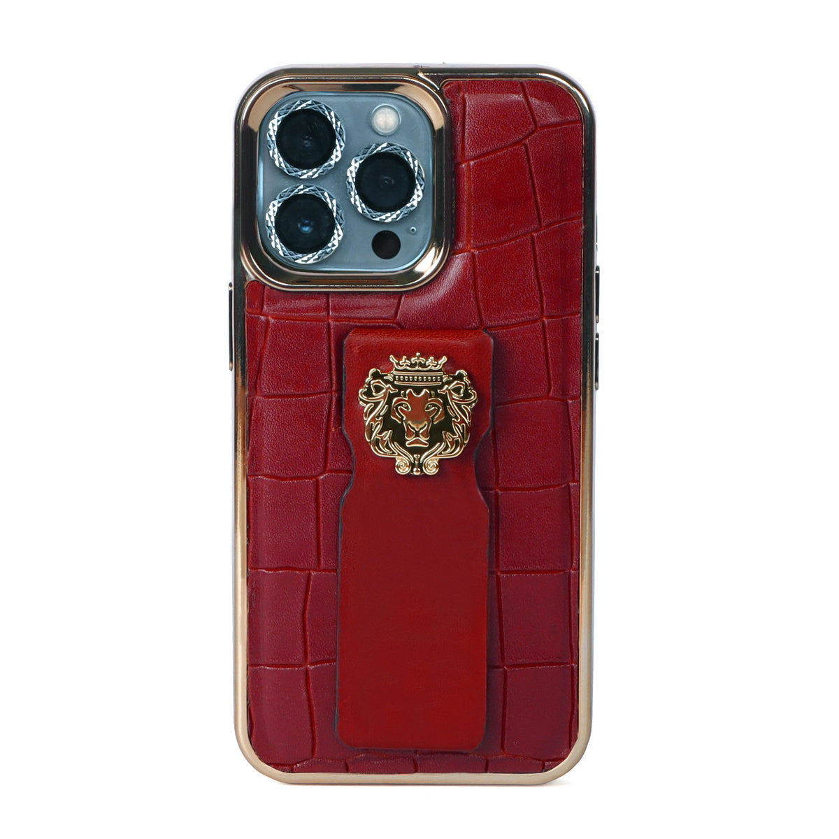 iPhone 13 & 14 Series Mobile Cover Golden Rim Finger strap cum Stand Croco Textured Wine Leather with Metal Lion Logo by Brune & Bareskin