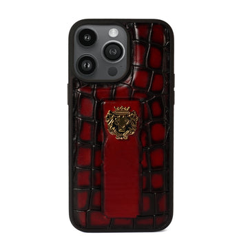 iPhone Series Mobile Cover Finger strap cum Stand Smokey Wine Croco Textured Leather with Metal Lion Logo