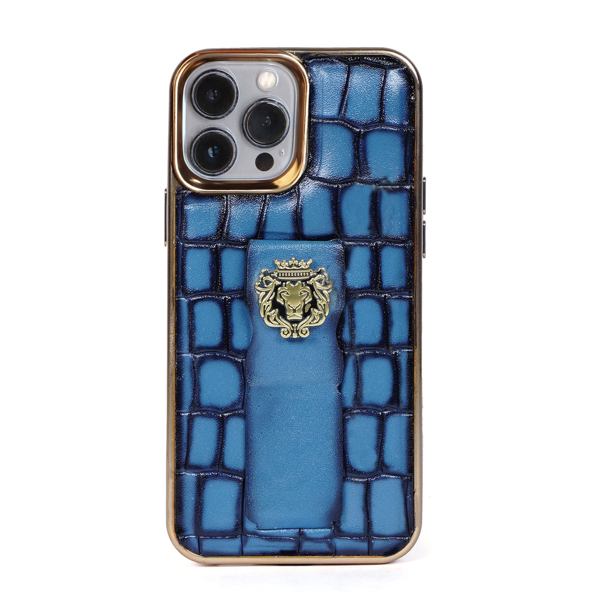 Sky Blue Leather Mobile Cover Golden Rim Finger Strap Cum Stand iPhone Series Deep Cut Croco Textured With Golden Lion Logo By Brune & Bareskin