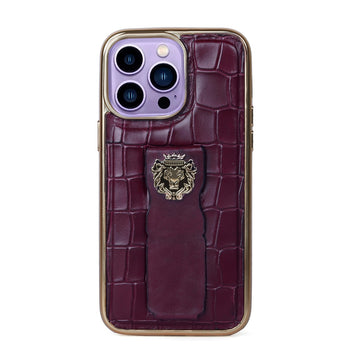 Purple iPhone Series Mobile Cover Golden Rim Finger strap cum Stand Croco Print Leather with Metal Lion Logo by Brune & Bareskin