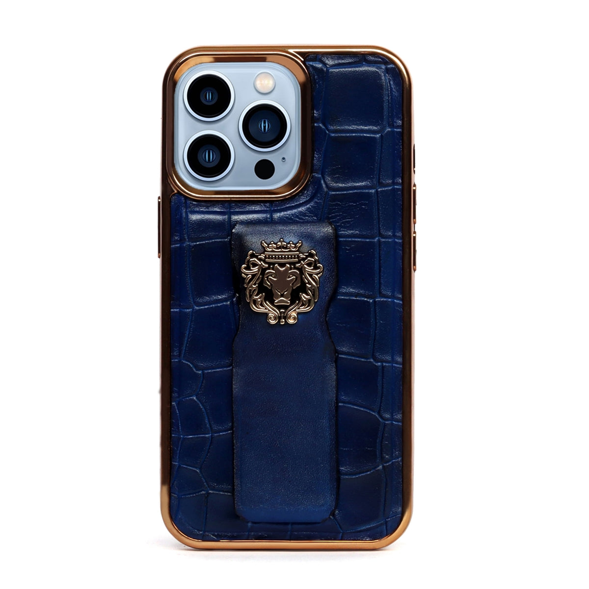 IPhone Series Blue Mobile Cover Golden Rim Finger strap cum Stand Croco Textured Leather with Metal Lion Logo by Brune & Bareskin