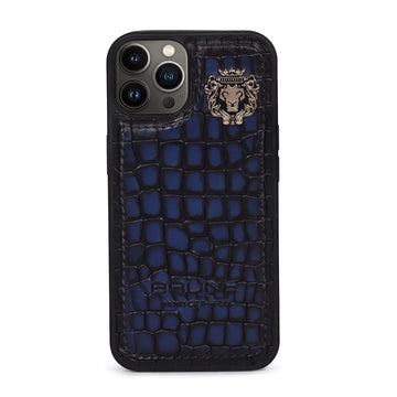 Golden Metal Lion Smokey Blue Small Scale Cut Croco Print Leather Mobile Cover by Brune & Bareskin