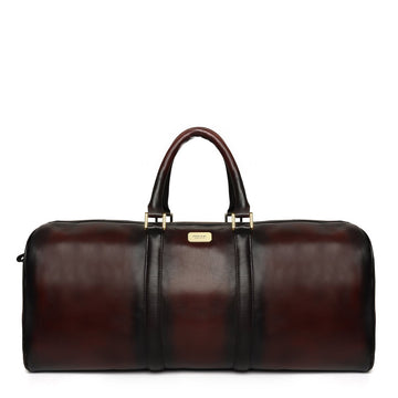 Brune & Bareskin Veg Tanned Dark Brown Hand Painted Leather Duffle Bag With Golden Accent