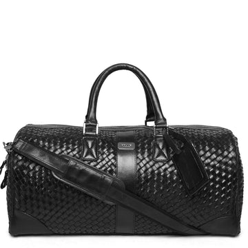 Brune & Bareskin Black Leather Woven Detailed Duffle Bag