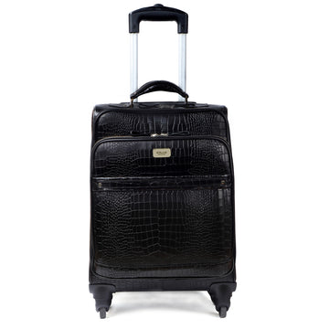 Deep Cut Croco Print Black Quad Wheel Cabin Luggage Leather Strolley Travel Bag