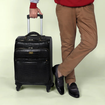 Deep Cut Croco Print Black Quad Wheel Cabin Luggage Leather Strolley Travel Bag