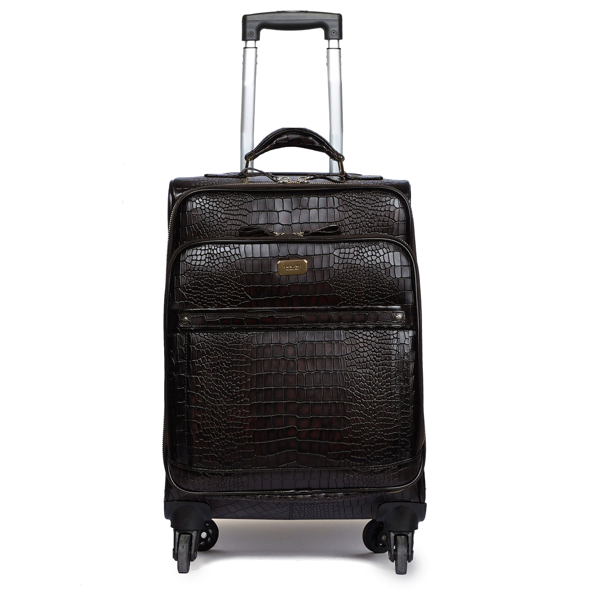 Luxuriously Deep Cut Croco Dark Brown Quad Wheel Cabin Luggage Leather Strolley Travel Bag by Brune & Bareskin
