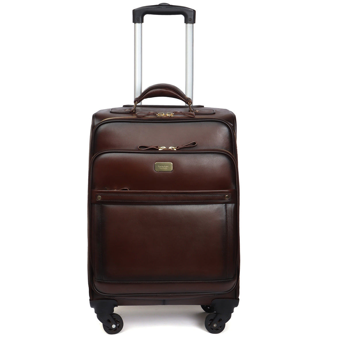 Dark Brown Quad Wheel Leather Strolley Travel Bag With Golden Zipper B