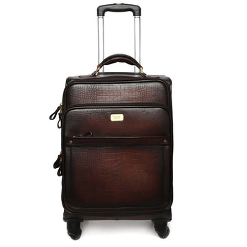 Croco Dark Brown Quad Wheel Cabin Luggage Leather Bag By Brune & bareskin