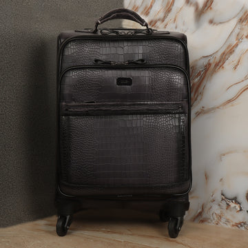 Strolley Quad Wheel Cabin Luggage Smokey Grey Croco Print Leather Bag