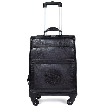 Full Deep Cut Croco Grey Textured Leather Quad Wheel Cabin Strolley Travel Bag