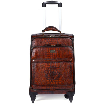 Full Deep Cut Croco Smoky Cognac Leather Quad Wheel Cabin Strolley Travel Bag