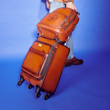 Tan Quad Wheel Leather Strolley Travel Bag With Golden Zipper By Brune & Bareskin
