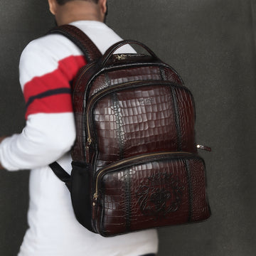 Dark Brown Leather Backpack with Embossed Lion Croco Textured Multi Pockets By Brune & Bareskin