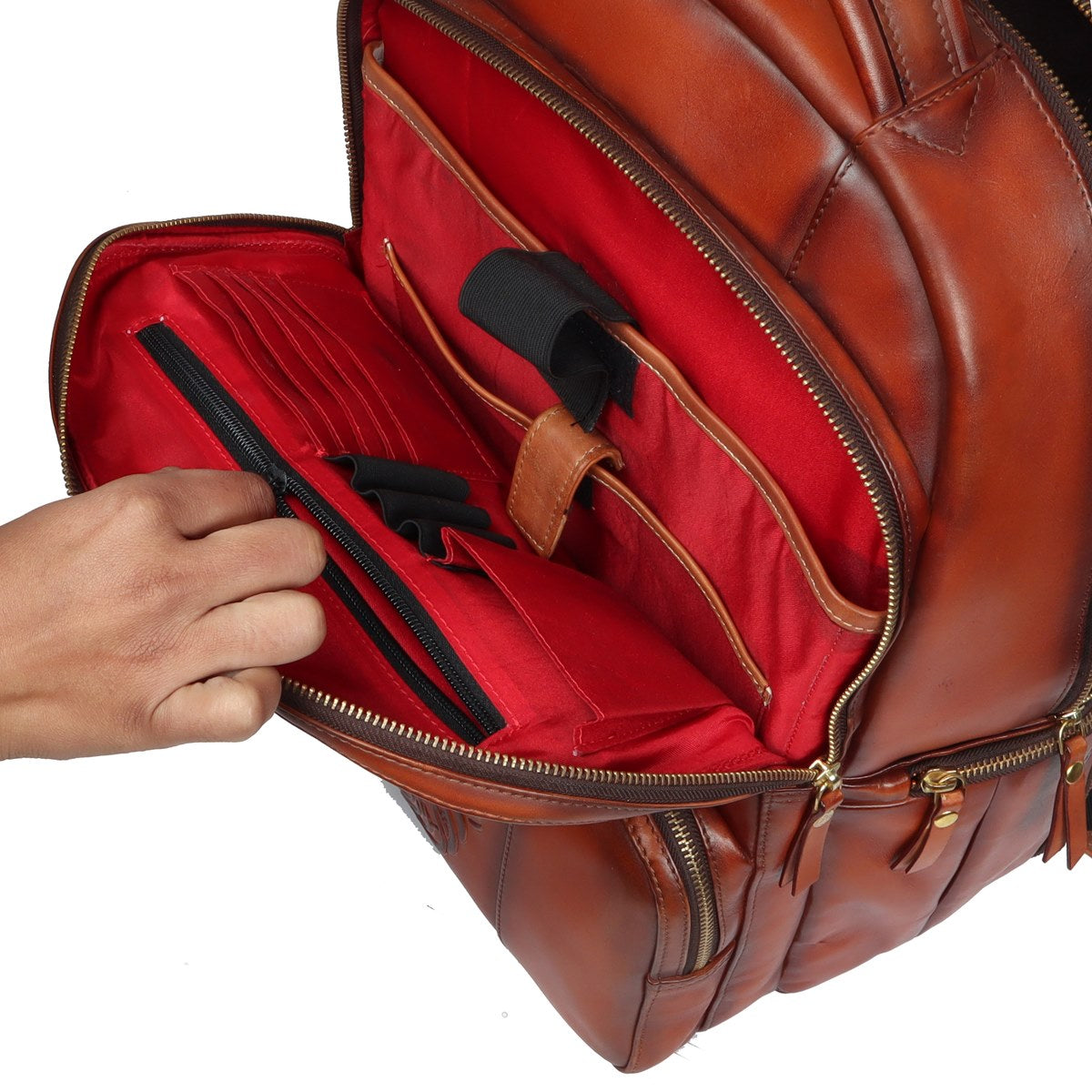 Cloudy Tan Leather Backpack with Multi-Step Pockets By Brune & Bareski