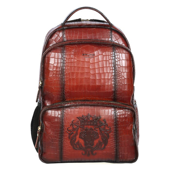 Tan Deep Cut Croco Print Leather Backpack Embossed Lion Multi-Step Pockets By Brune & Bareskin
