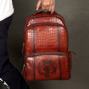 Tan Deep Cut Croco Print Leather Backpack Embossed Lion Multi-Step Pockets By Brune & Bareskin