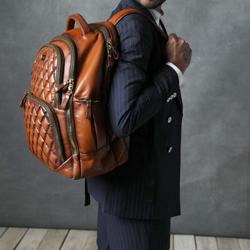 Tan Leather Backpack with Front Padded Diamond Stitched By Brune & Bareskin