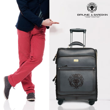 Diamond Stitched Grey Leather Quad Wheel Trolley Bag With Embossed Lion Logo by Brune & Bareskin