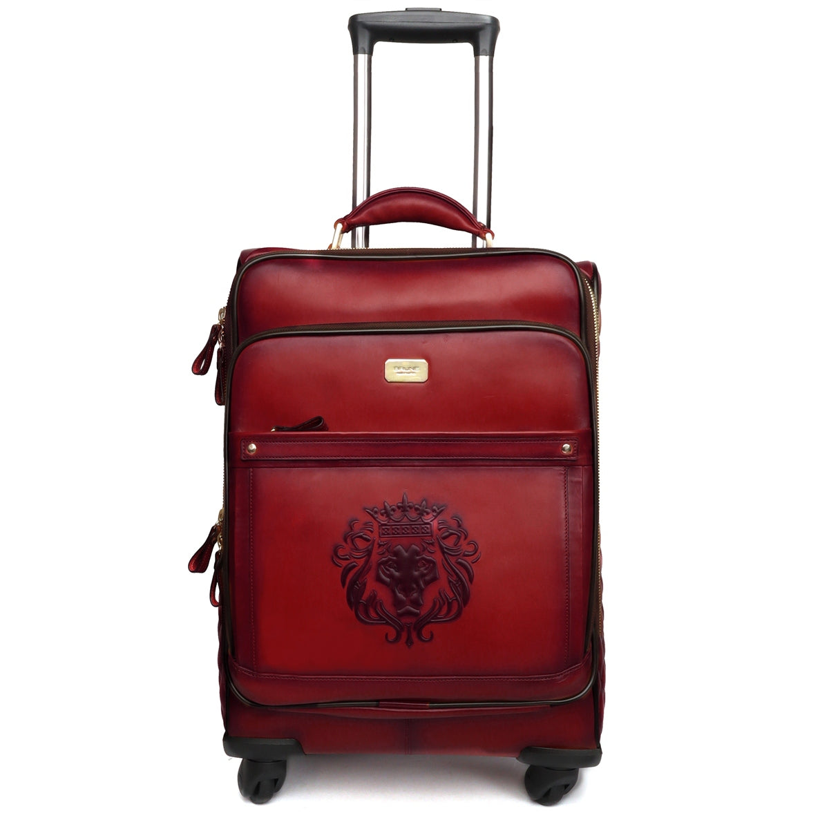Wine Leather Diamond Stitched Quad Wheel Trolley Bag With Embossed Lion Logo by Brune & Bareskin