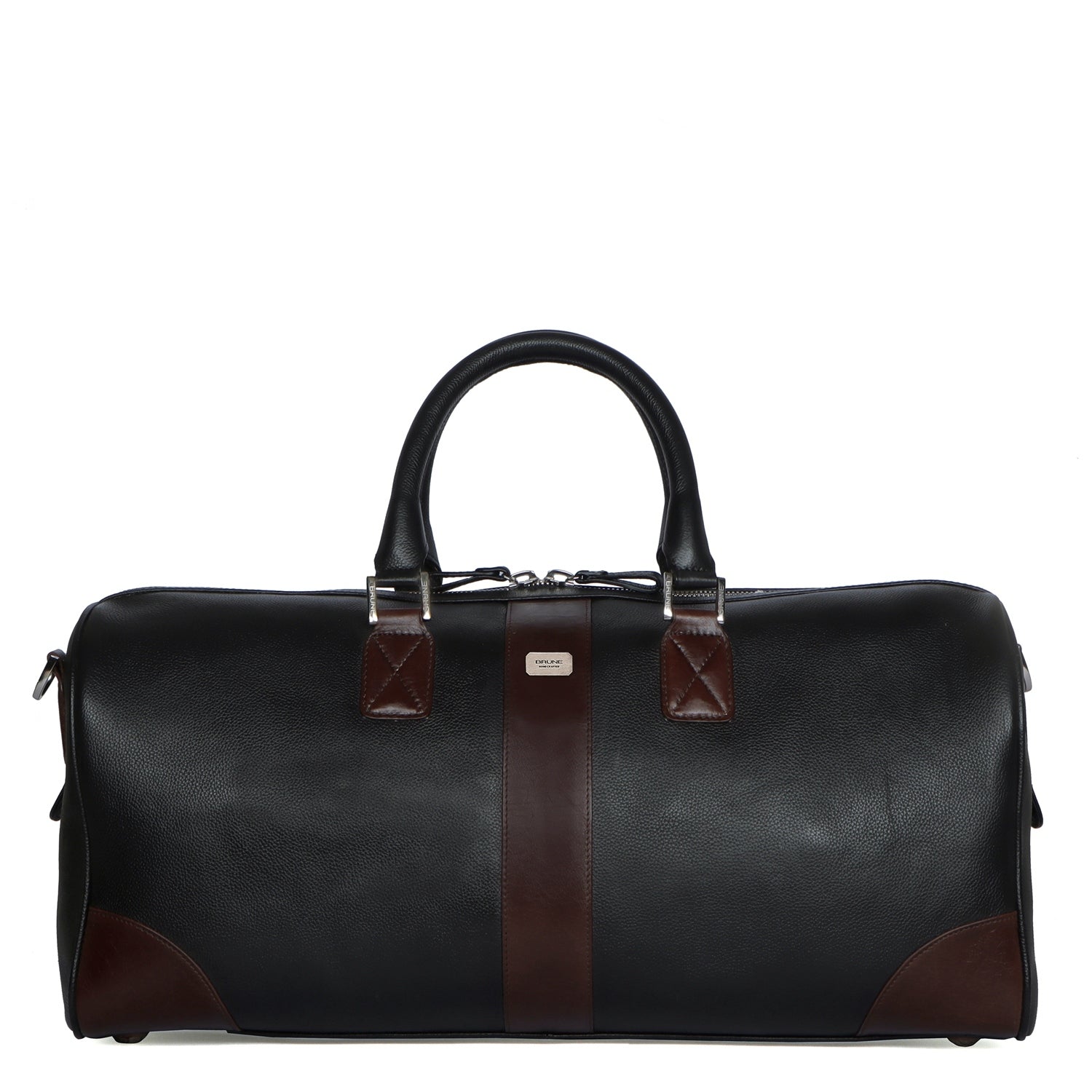 Contrasting Dark Brown Trims Black Textured Leather Duffle Bag With Re