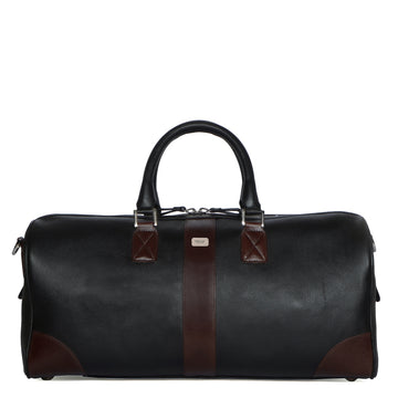 Contrasting Dark Brown Trims Black Textured Leather Duffle Bag With Removable Strap By Brune & Bareskin