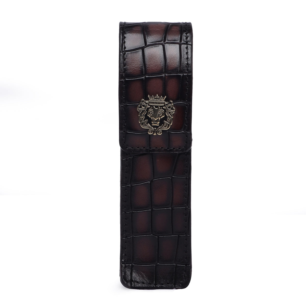 Smokey Dark Brown Cut Croco Textured Leather Pen Holder with Metal Lion Logo By Brune & Bareskin
