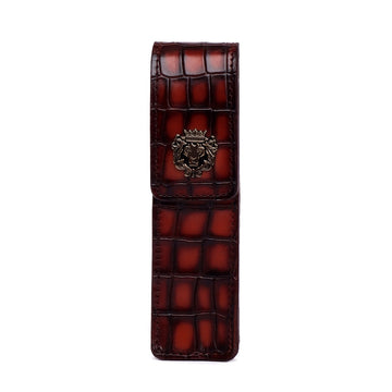 Smokey Cut Croco Textured Leather Cognac Pen Holder with Metal Lion Logo By Brune & Bareskin