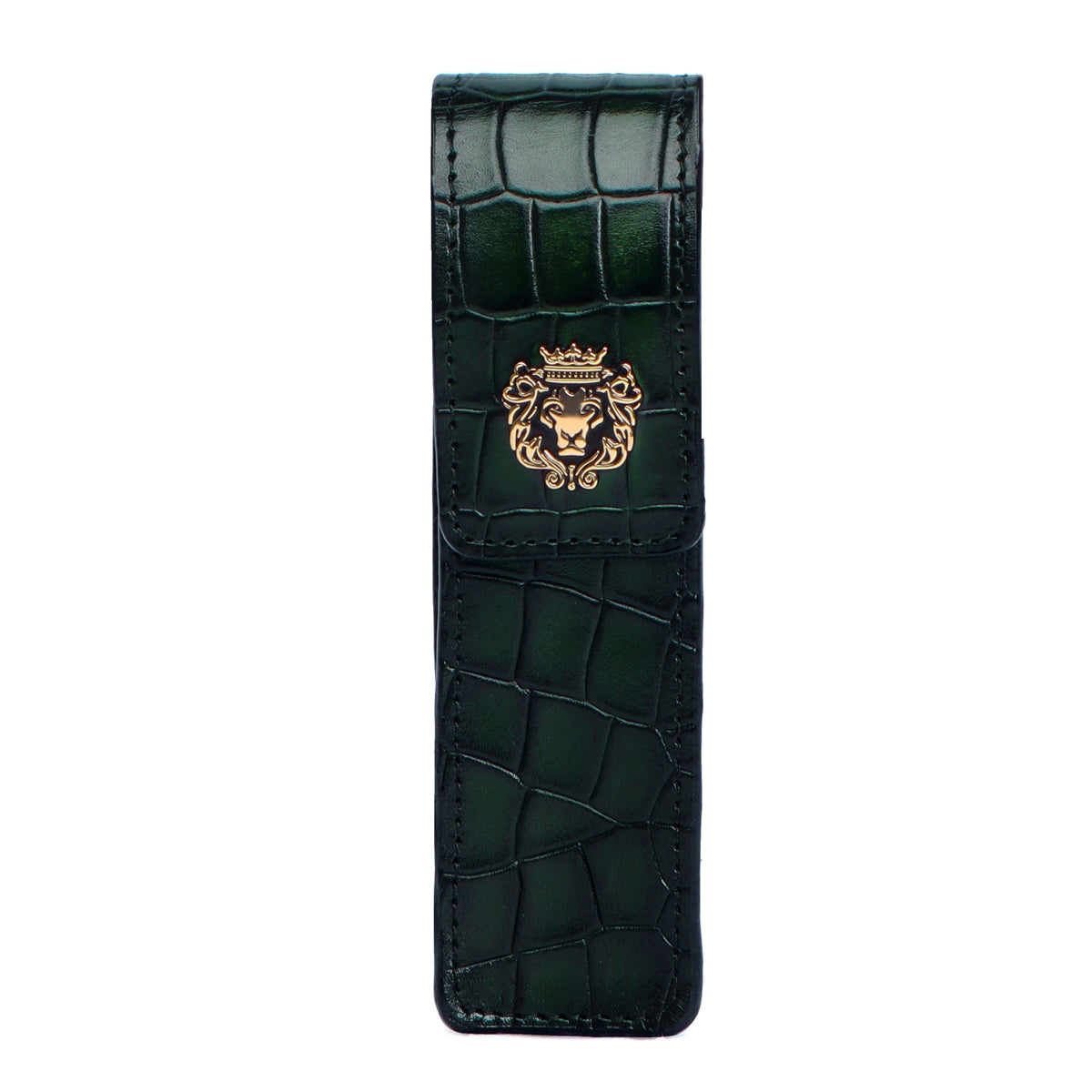 Smokey Green Cut Croco Textured Leather Pen Holder with Metal Lion Logo By Brune & Bareskin