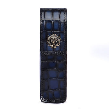 Smokey Blue Cut Croco Textured Leather Pen Holder with Metal Lion Logo By Brune & Bareskin