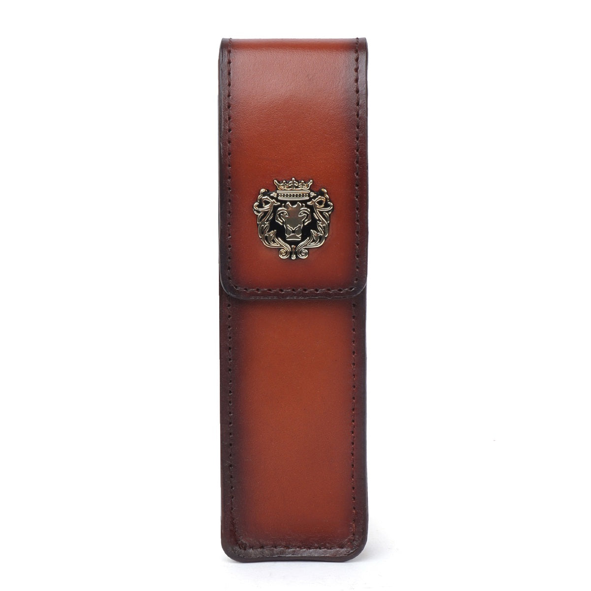 Tan Leather Pen Holder Magnetic Closure with Metal Lion Logo  By Brune & Bareskin