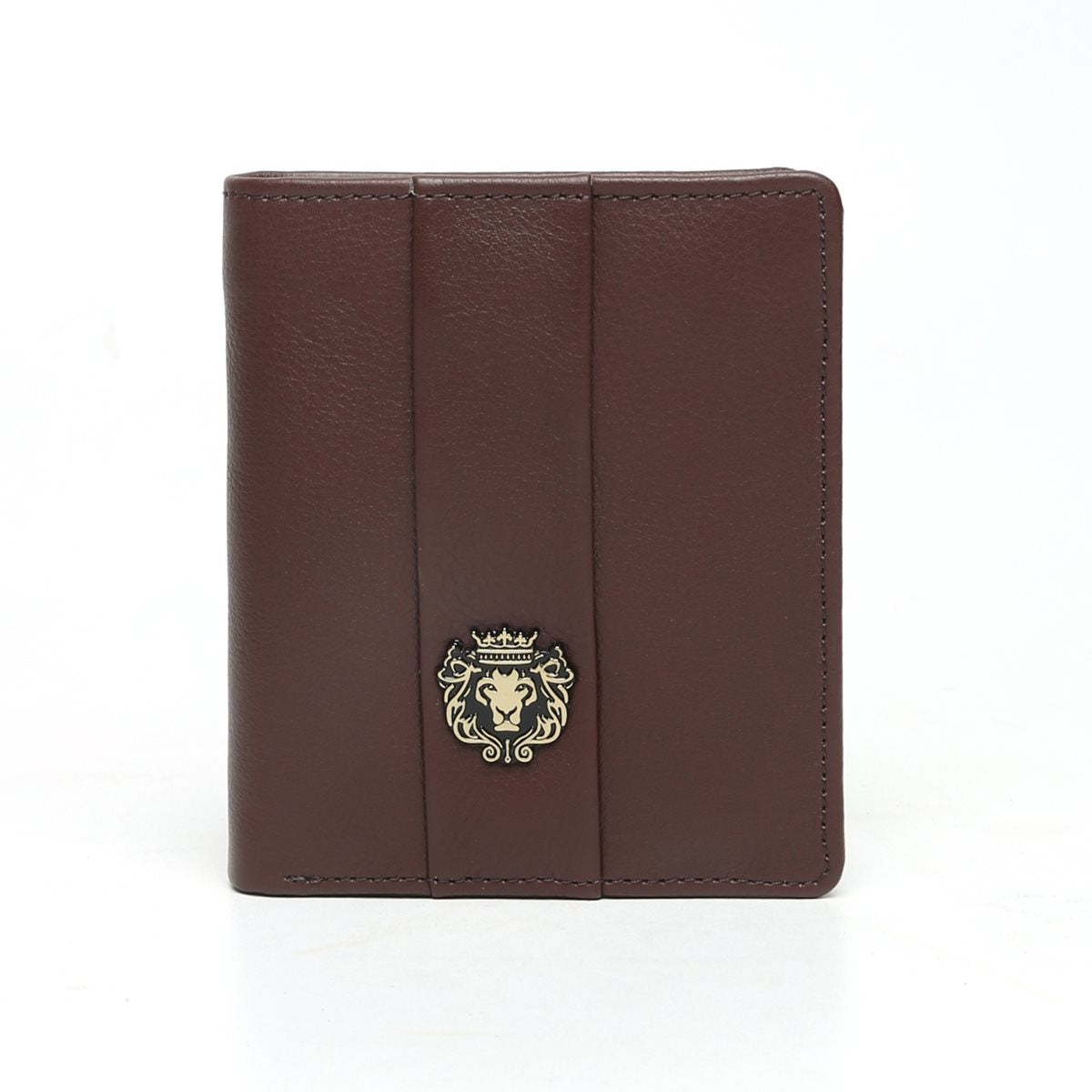 Brown passport holder with metal lion logo and wallet+ cards slots in one .