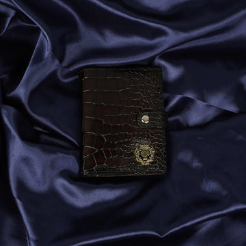 Stylish Deep Cut Croco Smokey Dark Brown Leather Button Closure Passport Holder By Brune & Bareskin