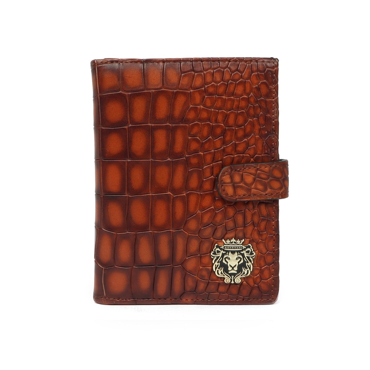 Burnished Tan Brown Deep Cut Croco Leather Passport Holder with Foldable Boarding Pass Pocket By Brune & Bareskin