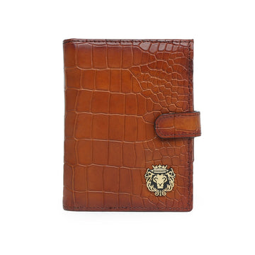 Tan Deep Cut Croco Leather Passport Holder with Foldable Boarding Pass Pocket By Brune & Bareskin