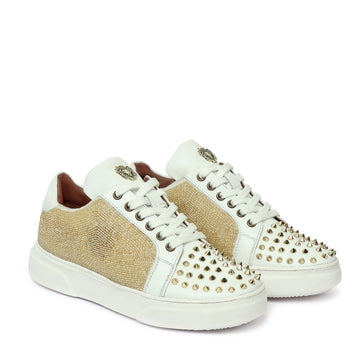 White Leather Low Top Sneakers with Studded Toe Golden Cut stones