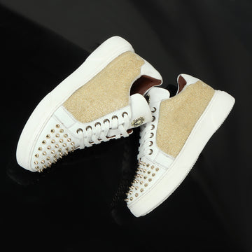 White Leather Low Top Sneakers with Studded Toe Golden Cut stones