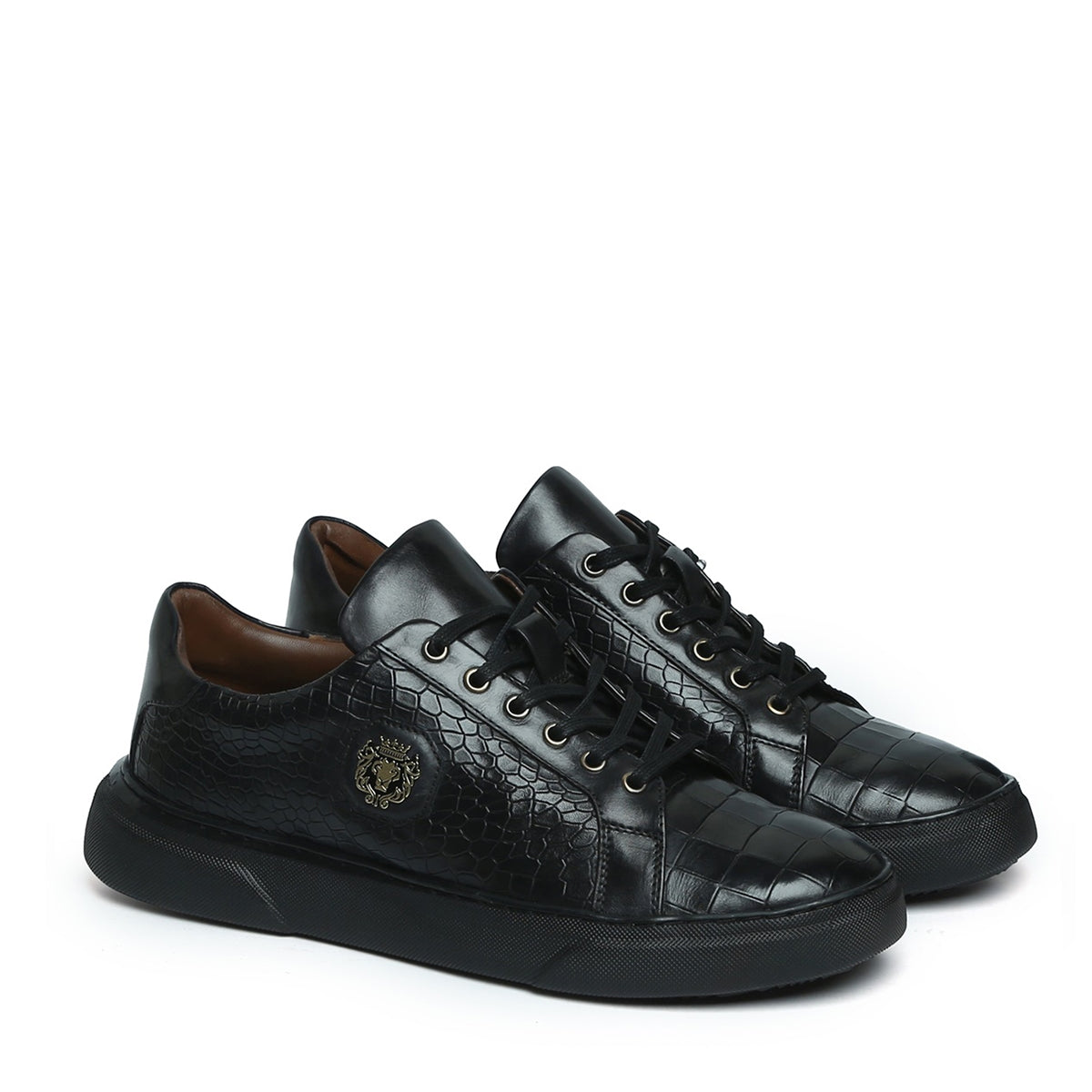 Black Deep Cut Leather Sneakers with Metal Lion logo on Quarter