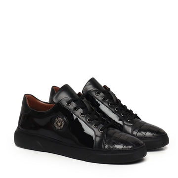 Black Low-Top Sneakers Patent with Deep Cut Croco Toe Leather