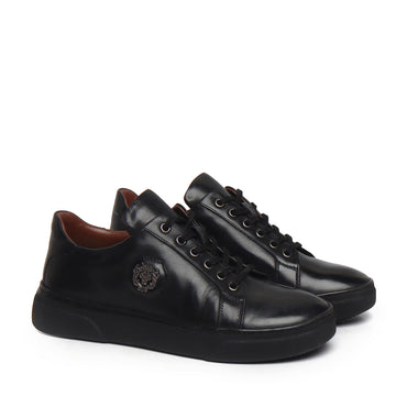Black Leather Sneakers with Metal Lion logo on Quarter