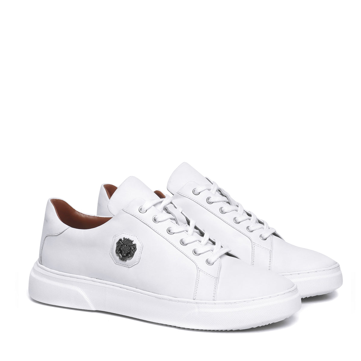 White Leather Sneakers with Metal Lion logo on Quarter