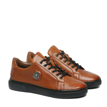 Tan Leather Low-Top Sneakers with Metal Lion logo on Quarter