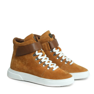 Mid-Top Sneakers in Camel Suede Leather Lace-Ups with Contrasting Leather Strap