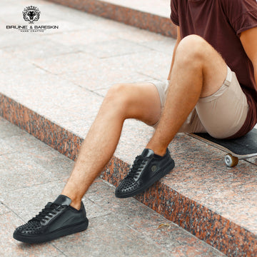 Black Leather Studded Toe Sneakers by Brune & Bareskin